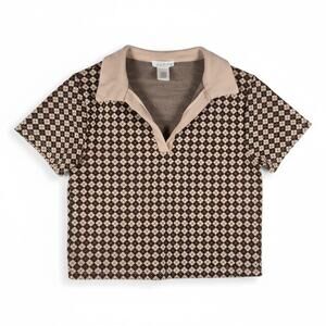 Kirious Los Angeles Short Sleeve Checkered Cropped Polo Shirt Brown M Clueless